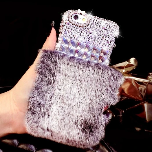 Роскошный блестящий чехол со стразами пушистый теплый из кроличьего меха для