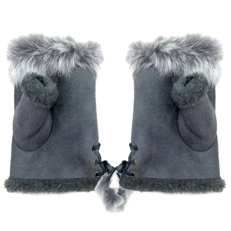 light grey Модные замшевые кожаные перчатки из искусственного кроличьего меха, рукавицы без пальцев для женщин, высокое качество, женские рукавицы на пол пальца - Цвет: light grey