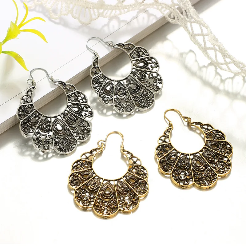 1Pair Vintage Hollow Water Drop Big Hoop Earrings Tribal Bronze Spider Web C Shape Carved Pattern Earrings Women Jewelry E309