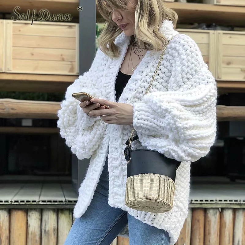 Self Duna 2019 Autumn Winter Hand Knitted Cardigan Warm Thick Sweater Coat Pull Femme Cute Tricot Pink Women Jumper |