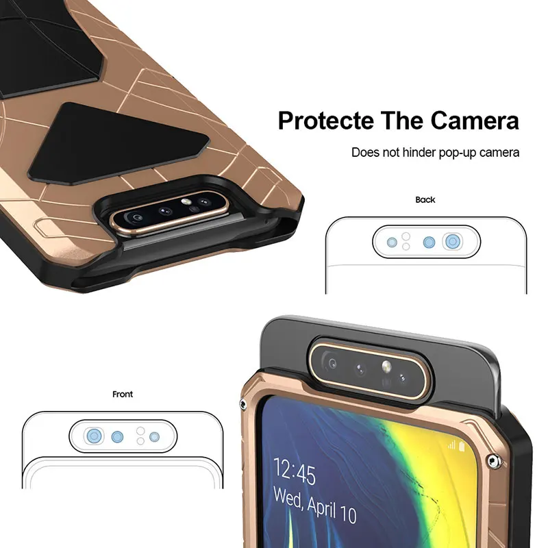 For Samsung Galaxy A80 Phone Case Hard Aluminum Metal Tempered Glass Screen Gift Protector Cover Heavy Duty Protection Cover