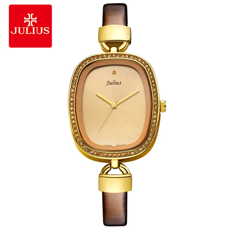 Юлиус 2018 Для женщин часы Новый Леди Кристалл Золотой натуральная кожа кварцевые
