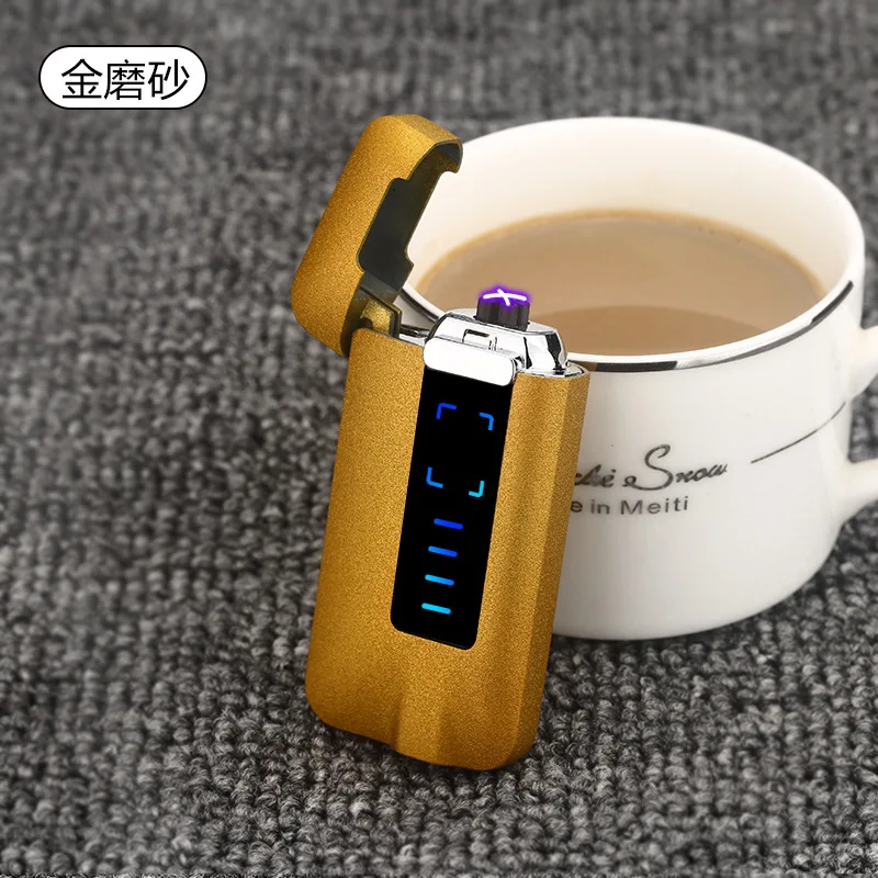 Gold matte Сенсорная Индукционная электрическая зажигалка с дисплеем питания USB Электронная зажигалка для сигарет металлическая двойная дуговая плазменная зажигалка ветрозащитный подарок - Цвет: Gold matte