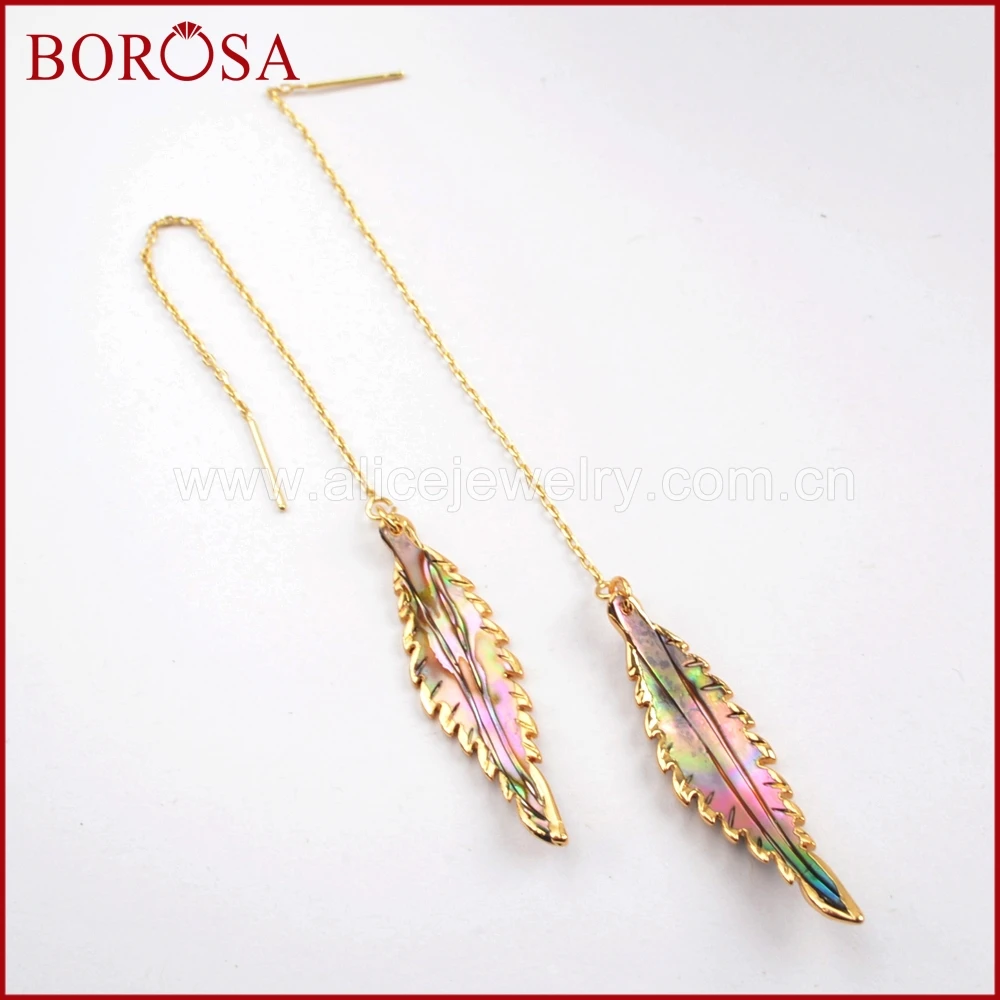 

BOROSA 5Pairs Gold Color Leaf Natural Abalone Shell Threader Earrings Fashion Charm Dangle Earrings Jewelry for Women G1605