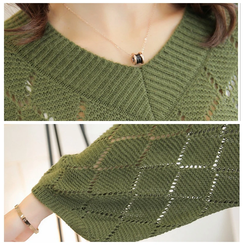 2019 spring summer sexy V-neck hollow pullover Sweater women fashion loose knitted sunscreen sweater Casual thin top female | Женская