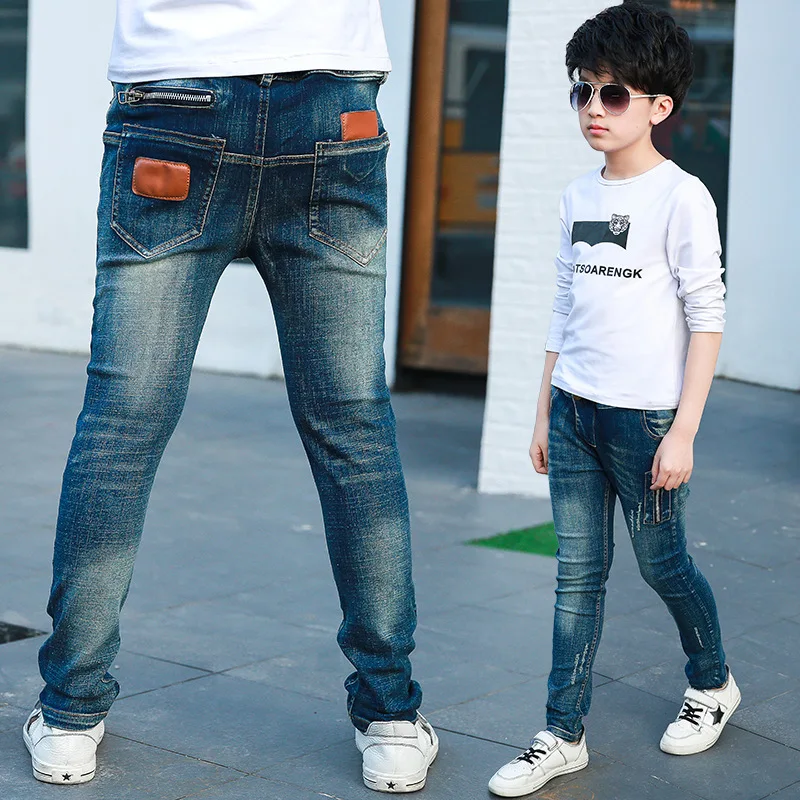 Джинсы для мальчиков-подростков джинсовые рваные штаны с потертостями кожаные