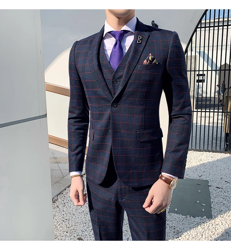 Пиджак + жилет брюки костюмы свадебное платье в клетку для жениха официальная
