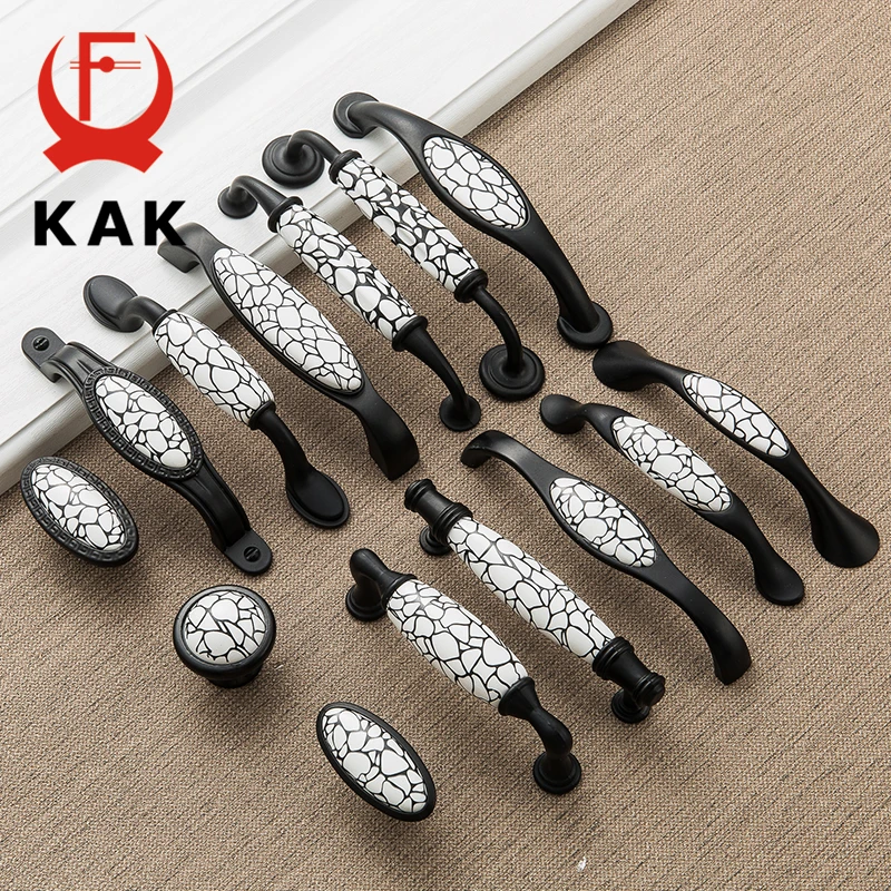 KAK Black Emboss Wardrobe Door Handles Marble Ceramic Cabinet Handles Drawer Knobs American Style Furniture Hardware Pulls