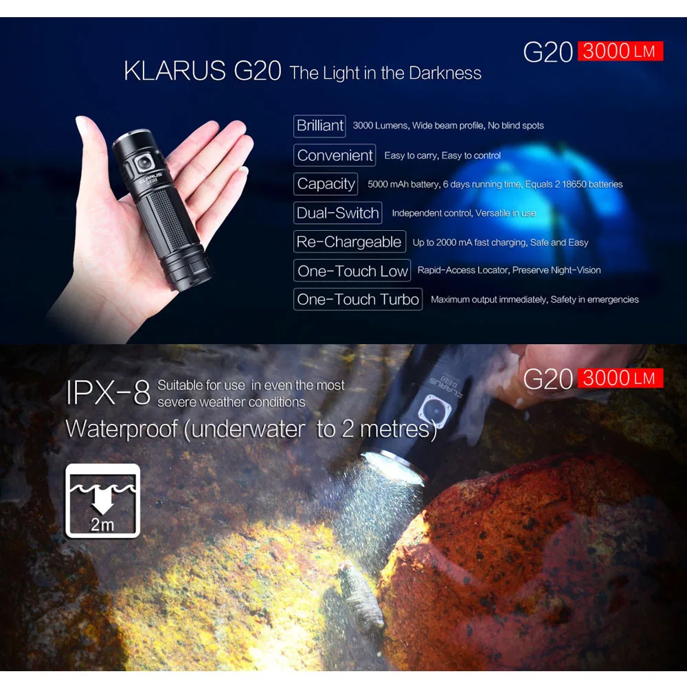 KLARUS G20 USB Перезаряжаемый светодиодный светильник фонарь с батареей 26650 3000 люменов