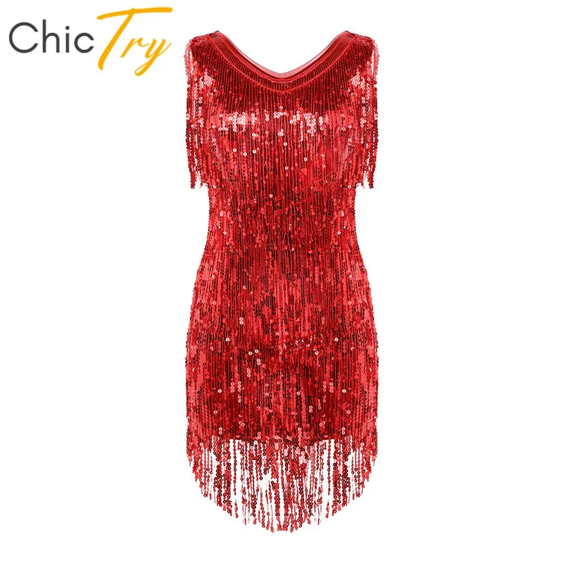 

ChicTry Sleeveless Sparkling Sequins Tassels Women Ballroom Samba Tango Salsa Fringe Latin Dance Dress Rave Performance Costumes