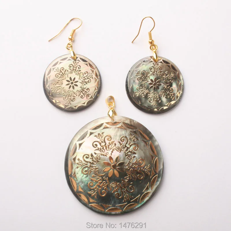 Изысканный перламутровый кулон с монетницей инкрустированные цветами Серьги