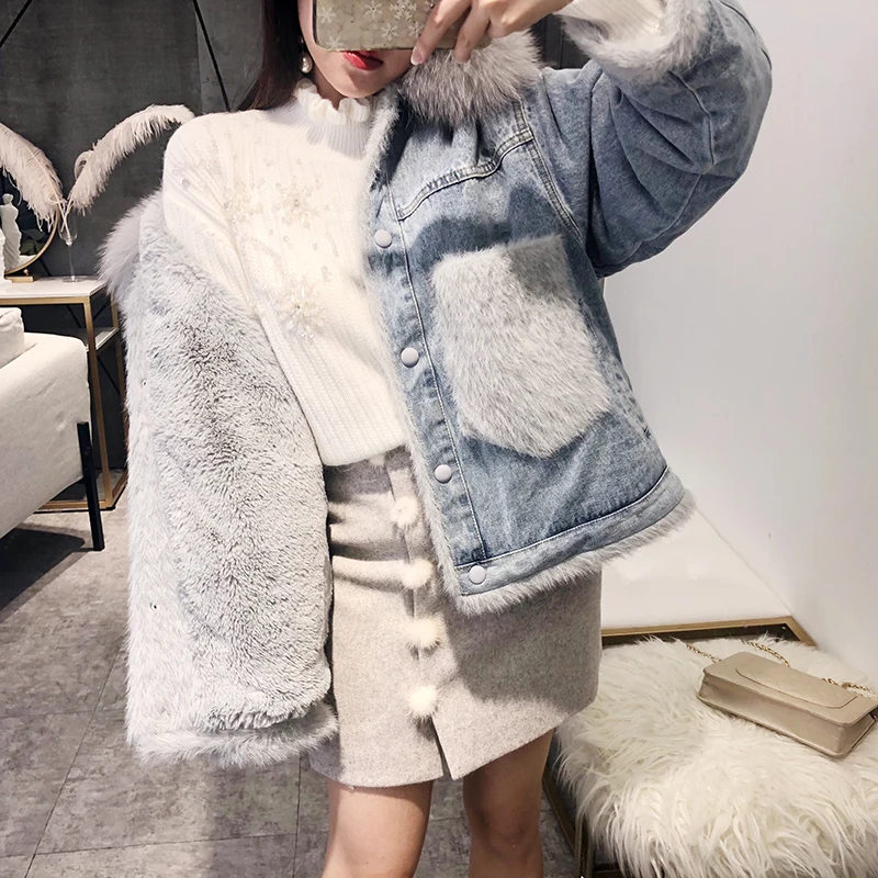 Меховая джинсовая куртка 2018 зимнее пальто для женщин с натуральным лисьим