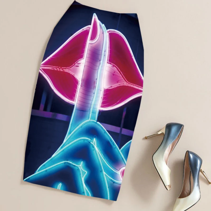 Летняя Юбка миди с неоновыми губами и высокой талией|print pencil skirt|pencil skirtbodycon skirt |