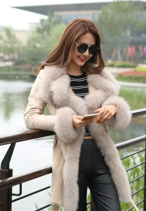 beige Зимнее женское натуральное двухстороннее меховое пальто куртка с воротником из лисьего меха женское длинное меховое пальто куртка - Цвет: beige