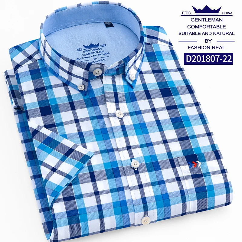 1807 22 Blue plaid Тонкая летняя мужская рубашка с коротким рукавом, хлопок, приталенная однотонная оксфордская деловая рубашка в клетку, Мужская официальная рубашка на пуговицах с карманом - Цвет: 1807 22 Blue plaid