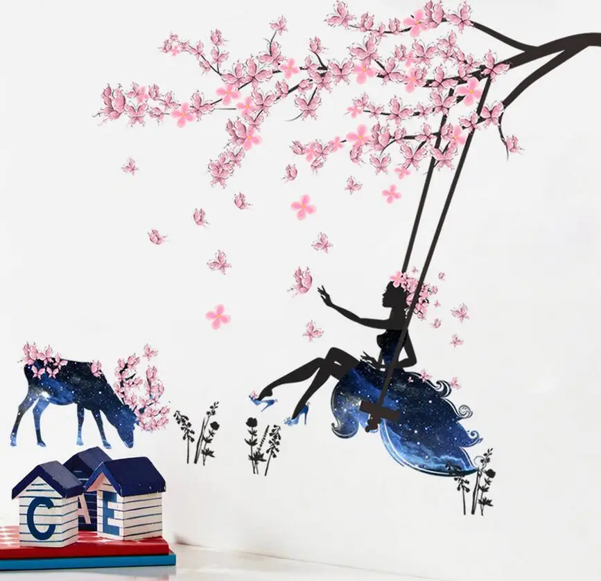 3d девушка качели на дереве настенные наклейки домашний декор съемные спальня