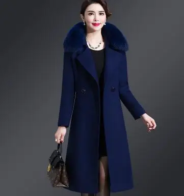 Navy blue Кашемировое шерстяное пальто Для женщин Новинка зимы размера плюс теплый двубортный меховой воротник длинное шерстяное пальто, женский жакет 5XL 164-238 - Цвет: Navy blue