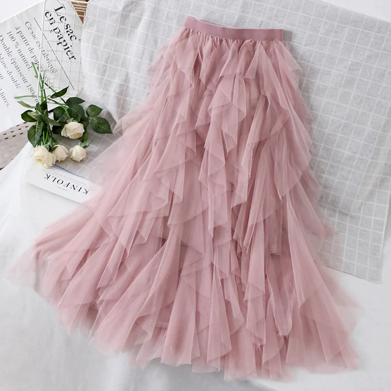 Весенне-Летняя асимметричная сетчатая юбка Женская Корейская длинная