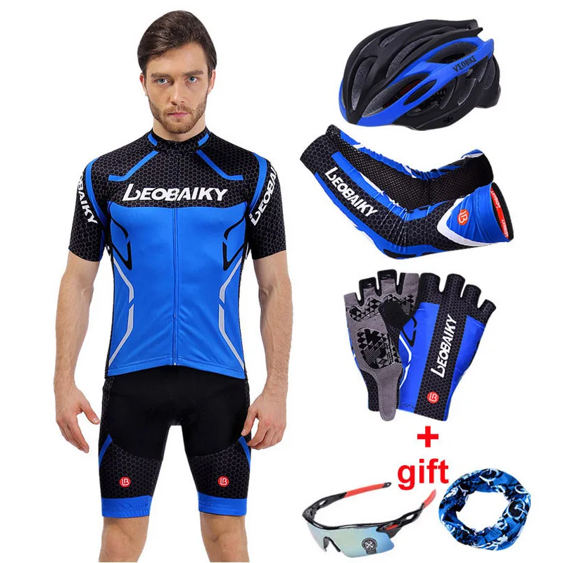 full set blue Одежда для велоспорта MTB, одежда для шоссейного велосипеда, одежда для гонок, быстросохнущая,, профессиональная команда, набор Джерси для велоспорта, мужской велосипедный шлем, перчатки, рукава - Цвет: full set blue