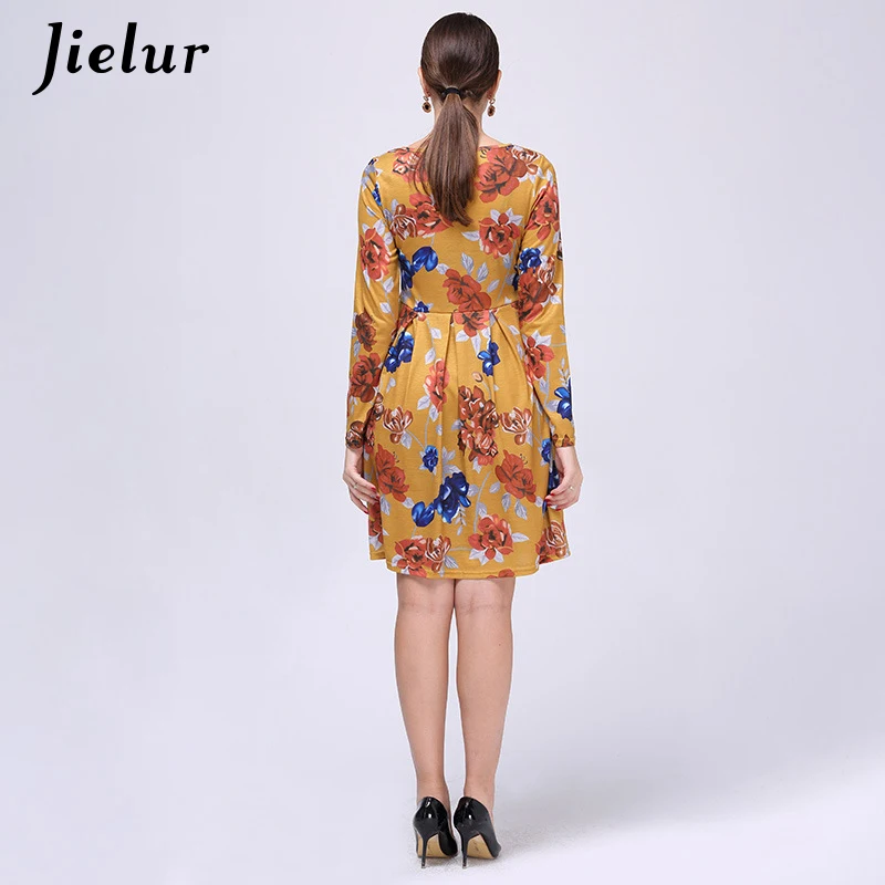 Jielur осень 2019 модное Цветочное платье с длинным рукавом женское элегантное vestidos