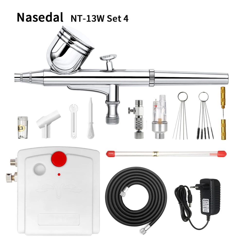 NT-13W Set4 Nasedal, Двойное действие, аэрограф, компрессор, комплект, пистолет-распылитель, макияж, автомобильный краскопульт, дизайн ногтей, краска, тату, модель, торт, автомобильная краска, инструмент - Цвет: NT-13W Set4