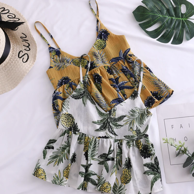 Женские летние тонкие топы на бретелях с цветочным принтом милые в японском