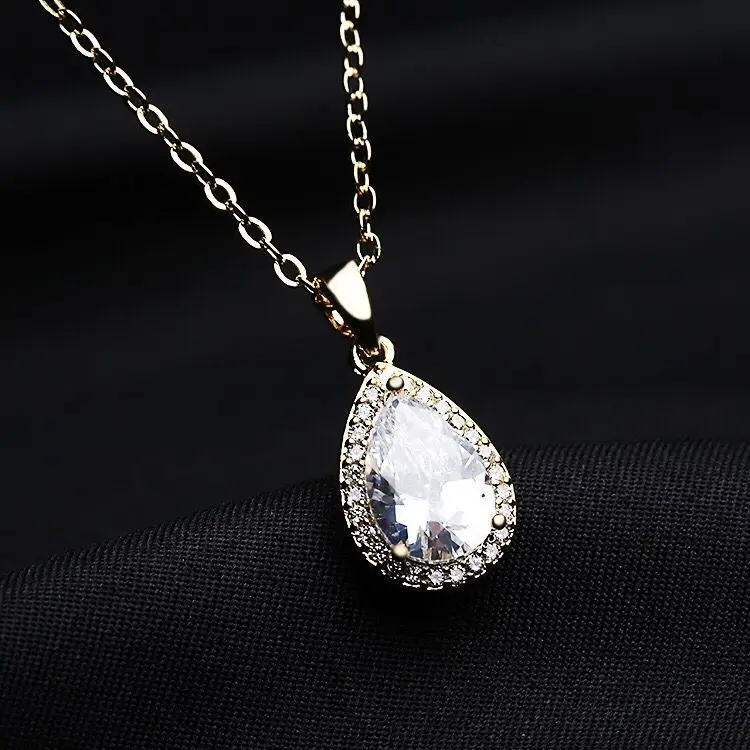 MxGxFam Good Quality Drop Water Zircon Pendants Necklace For Women Fashion Jewelry Gold Color 18 k AAA+ 45cm Chain | Украшения и