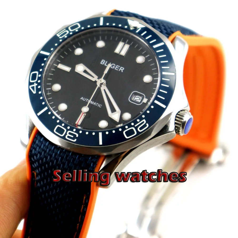 

41mm bliger Black dial Rubber strap blue ceramic bezel sapphire glass date Mechanical automatic mens watch