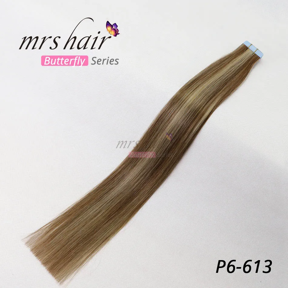 MRS HAIR лента для наращивания человеческих волос 1"-24" не Реми волосы на ленте ПУ кожа Уток Бесшовные человеческие волосы 20 шт - Цвет: # P6/613