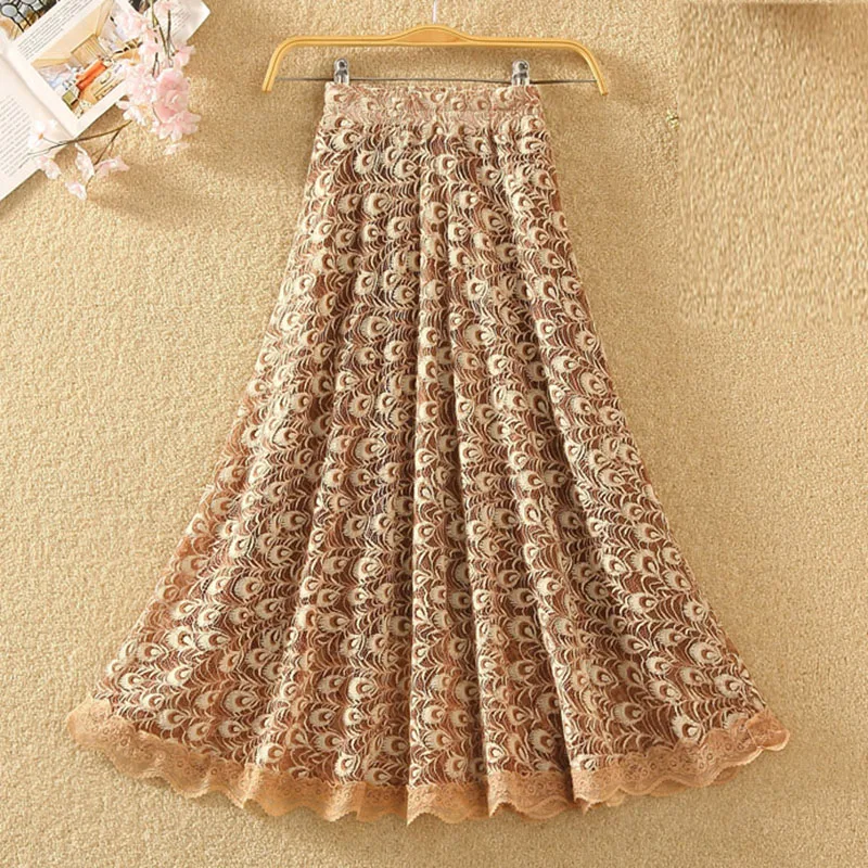 Женская кружевная юбка-пачка средней длины черная коричневая плиссированная