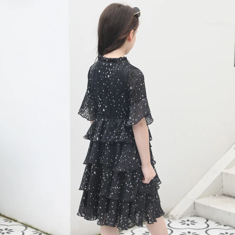 Летнее черное плиссированное платье для девочек шифоновые свободные платья с