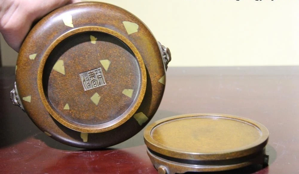 Китайский Старый фиолетовый Медь Бронза Foo Собаки Лев Головы Уши курильница