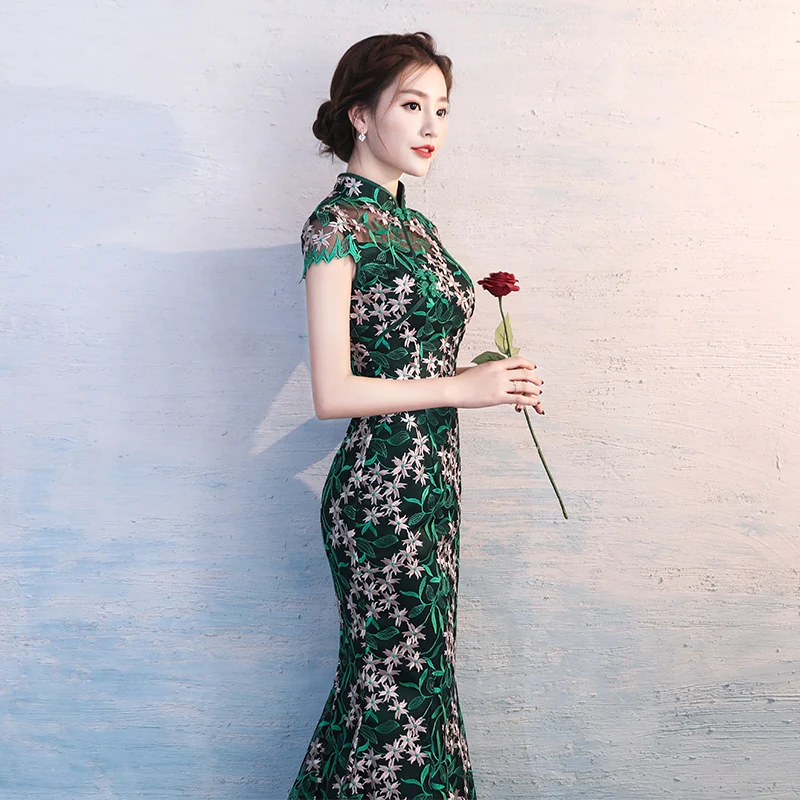Зеленый цветочный китайский стиль для женщин шоу на сцене Cheongsam элегантный Полный Длина Русалка вечернее платье Винтаж Мандарин Воротник Qipao