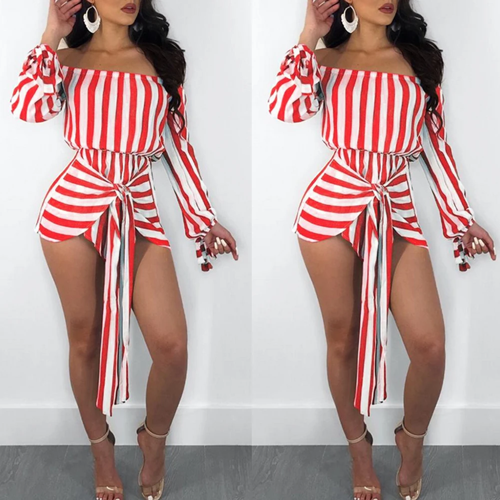 Summer New Sexy Women Ladies Long Sleeve Off Shoulder Striped Shorts Mini Playsuits Party Club Female Clothing | Женская одежда