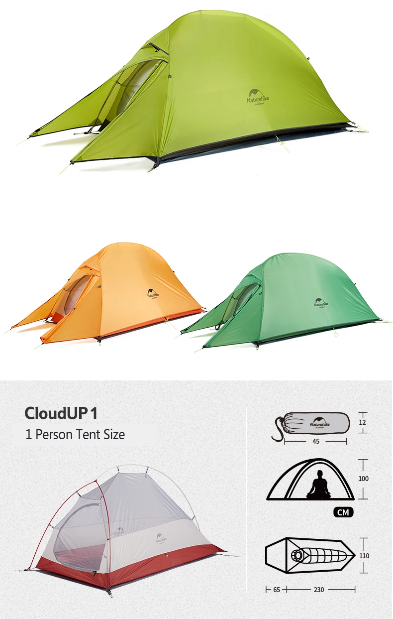 Naturehike Cloud Up 1 2 3 человек Сверхлегкий туристический тент водонепроницаемый ветронепроницаемый 20D Силиконовый Открытый Кемпинг палатка NH18T030-T