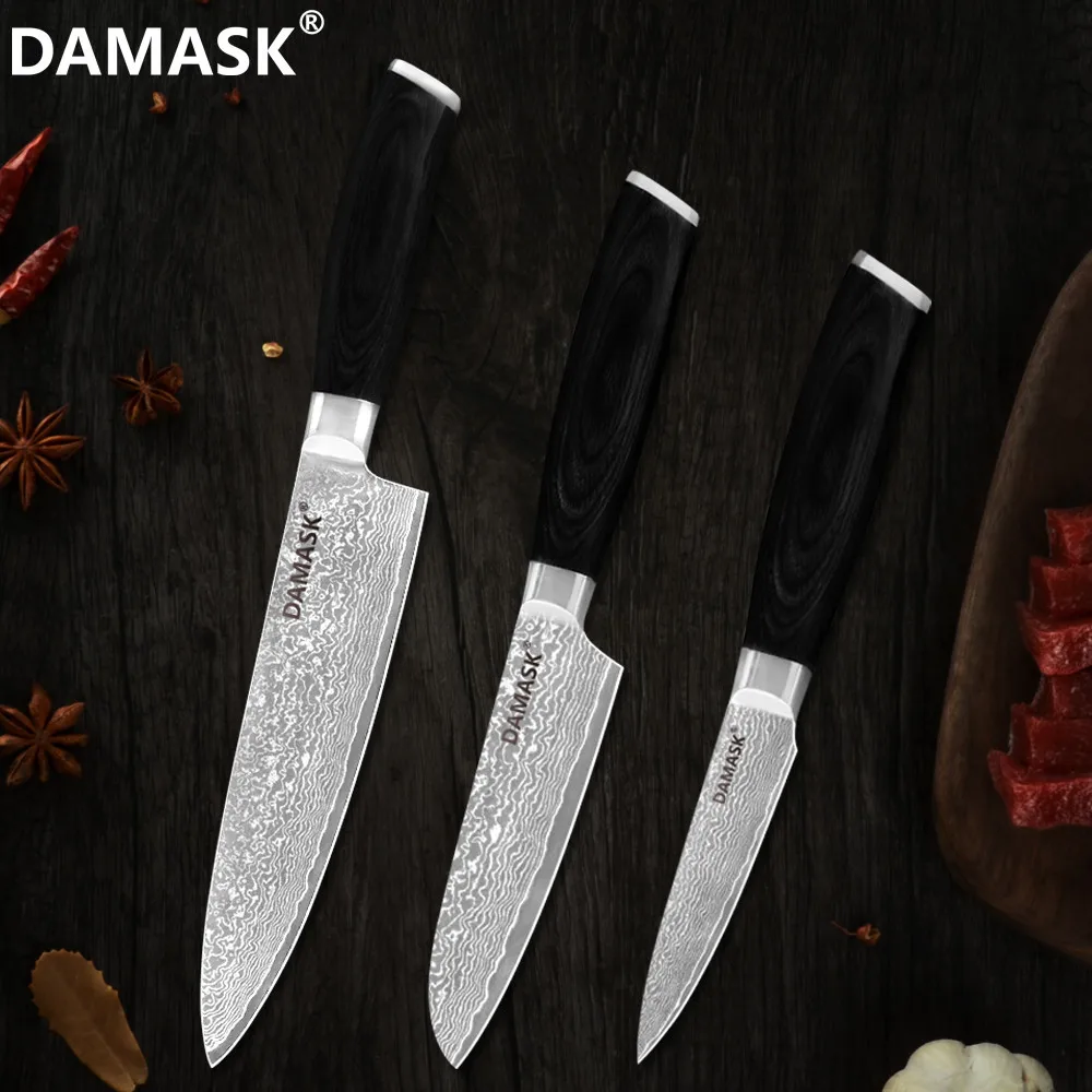Дамасский кухонный нож Damask 3 шт. набор кухонных ножей для шеф повара Santoku VG10 Core 67