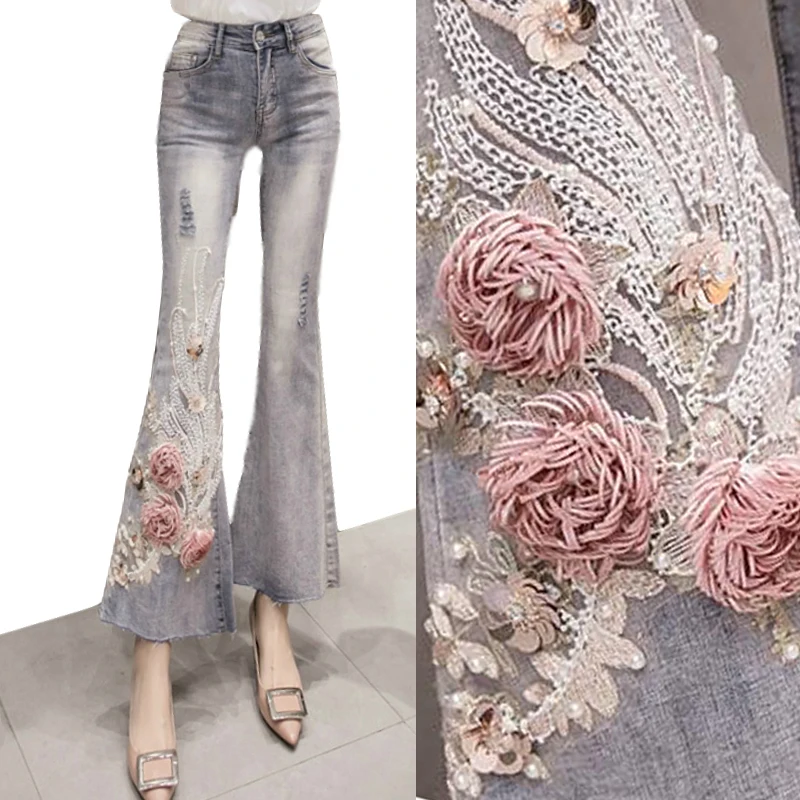 

Spring Summer Korea Fashion Womens Female Ripped Hole Applique Sequin Flower Flare Jeans Pants , Pearls Denim Trousers For Women
