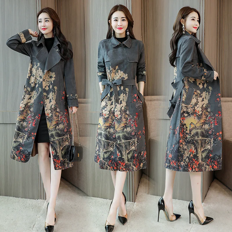 Женский замшевый Тренч с винтажным принтом длинная верхняя одежда ветровка на