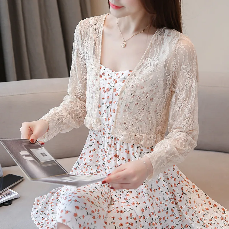 MLXSLKY длинный рукав короткий тонкий кардиган 2019 Весна и лето кружева Маленькая