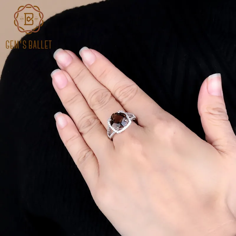 Gem's Ballet 925 пробы, серебряные коктейльные кольца 4.40Ct, огранка для подушек, натуральный дымчатый кварц, драгоценный камень, кольцо для женщин, хорошее ювелирное изделие