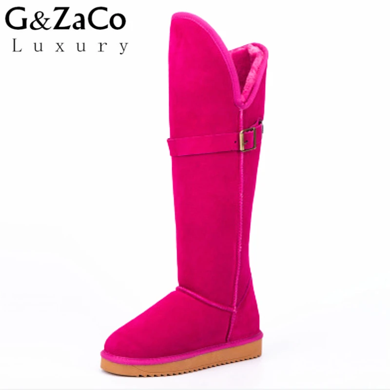 G& Zaco/роскошные новые зимние сапоги из натуральной воловьей кожи высокие зимние сапоги до колена женские водонепроницаемые сапоги на толстом меху с пряжкой - Цвет: rose suede