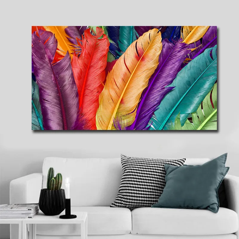 Большой размер абстрактные красочные перья Холст Картина Настенная картина для