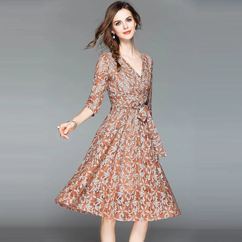 Hollow Out Long Summer Dress Women Waist Tie Mid Calf Lace Elegant 2018 Autumn V Neck Female Vestidos de fiesta | Женская одежда