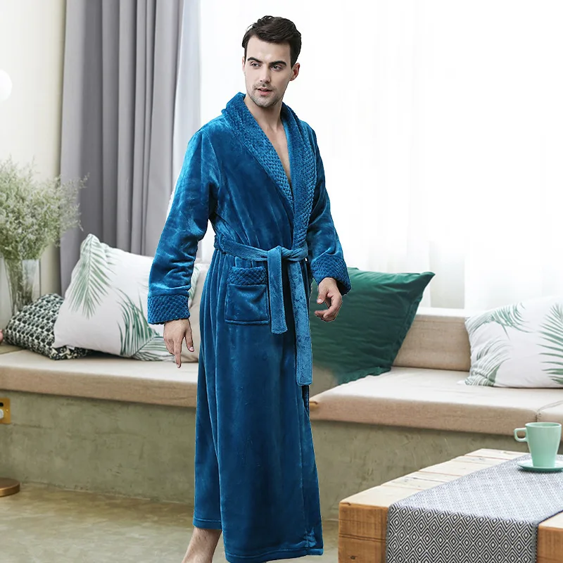 men robe Blue Зимнее плотное теплое женское Коралловое кимоно из рунной шерсти, халат, фланелевая женская ночная рубашка, банное платье, ночное белье, большой длинный халат, M, L, XL, для сна - Цвет: men robe Blue