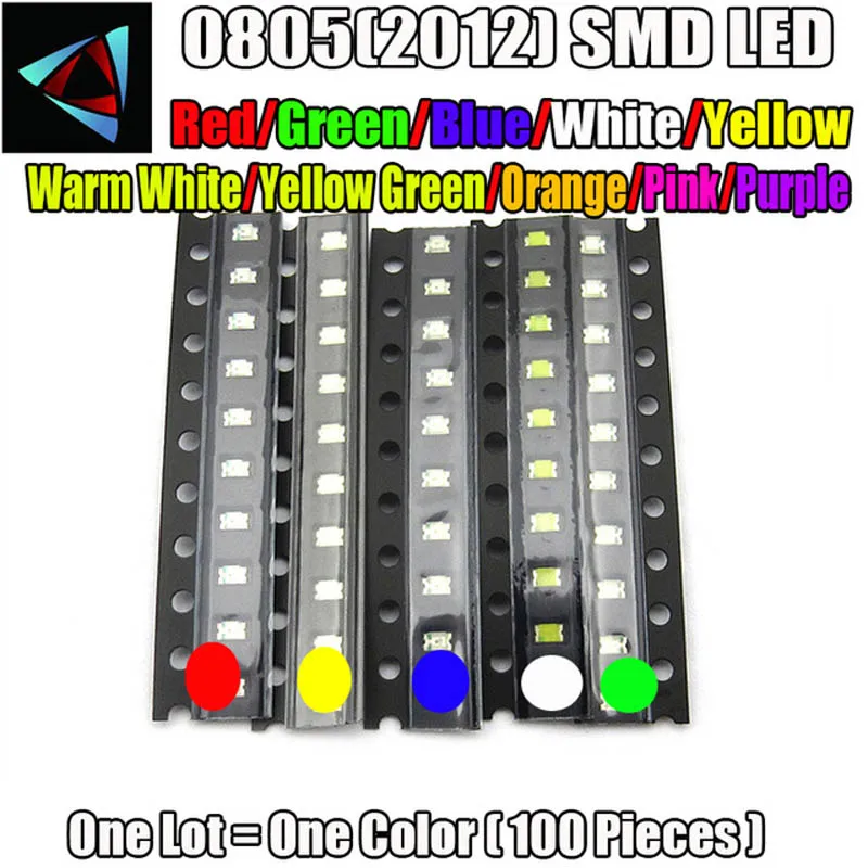 100 шт. 0805 2012 0807 SMD светодиодный Диод белый красный зеленый синий желтый теплый