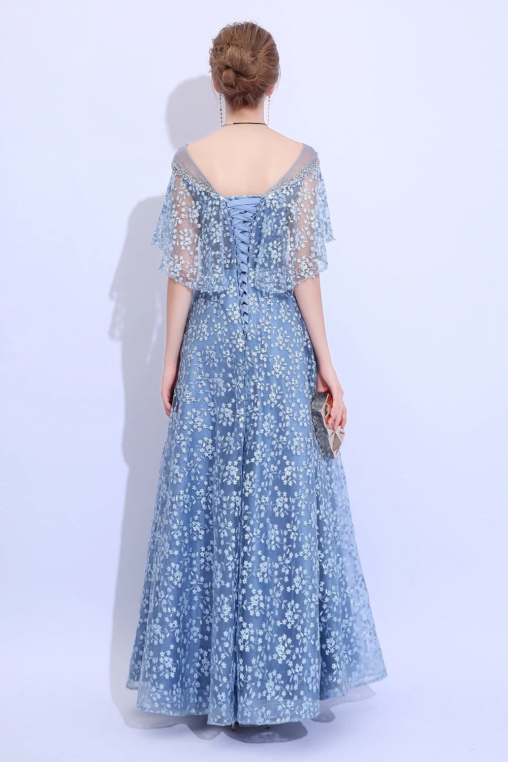 Женское вечернее платье SSYFashion серое/синее кружевное длиной до пола с вышивкой и
