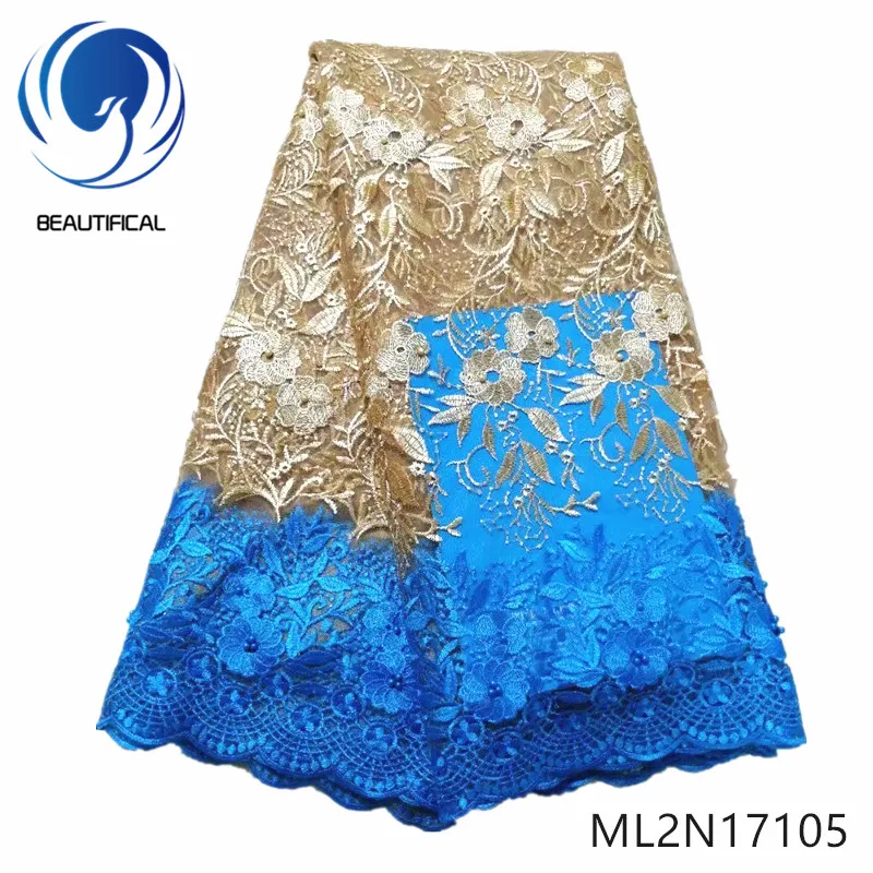 

BEAUTIFICAL nigerian lace fabrics two-tone embroidery net lace fabric New arrival lace beads fabric for dress ML2N171