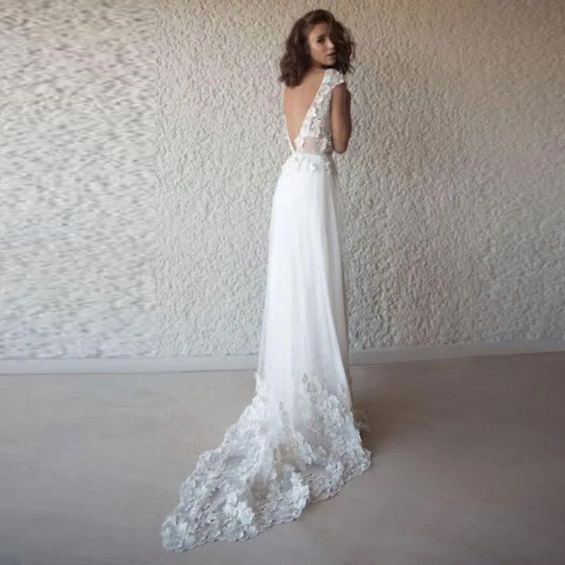 

Eightale Boho Wedding dress 2019 Appliques V Neck bridal Gown Cap Sleeve Princess Wedding Gown with Small Train robe de mariee