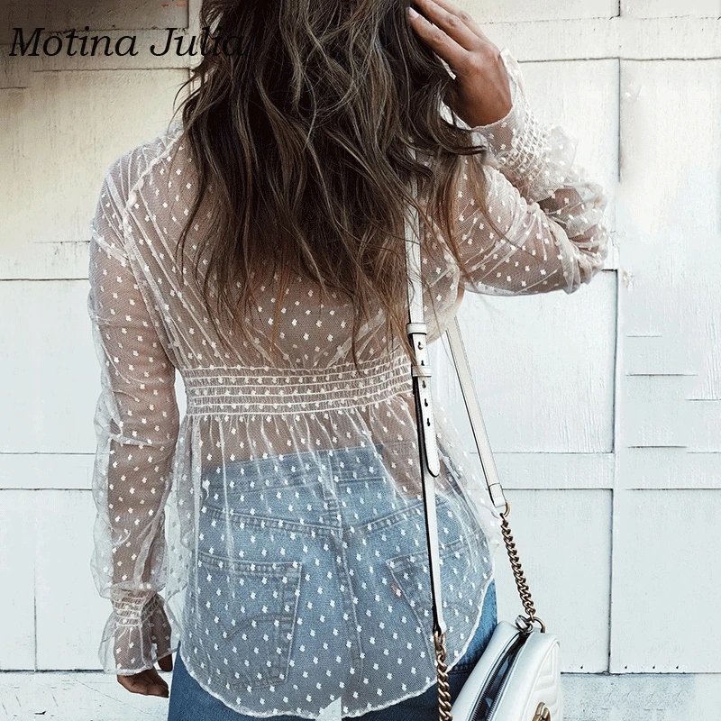 Motina Julia sexy see through lace blouses shirt women v neck dot mesh blusas female party clubwear tops |