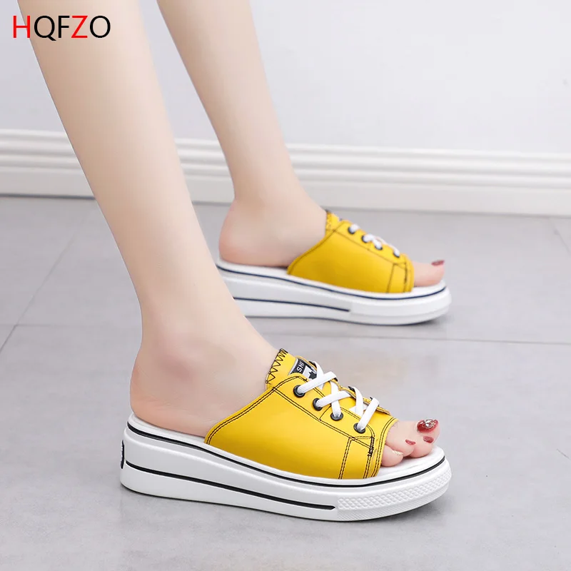 yellow HQFZO/модные повседневные кроссовки на танкетке; Шлепанцы женские сандалии; удобные шлепанцы на платформе; женская обувь; сезон лето - Цвет: yellow